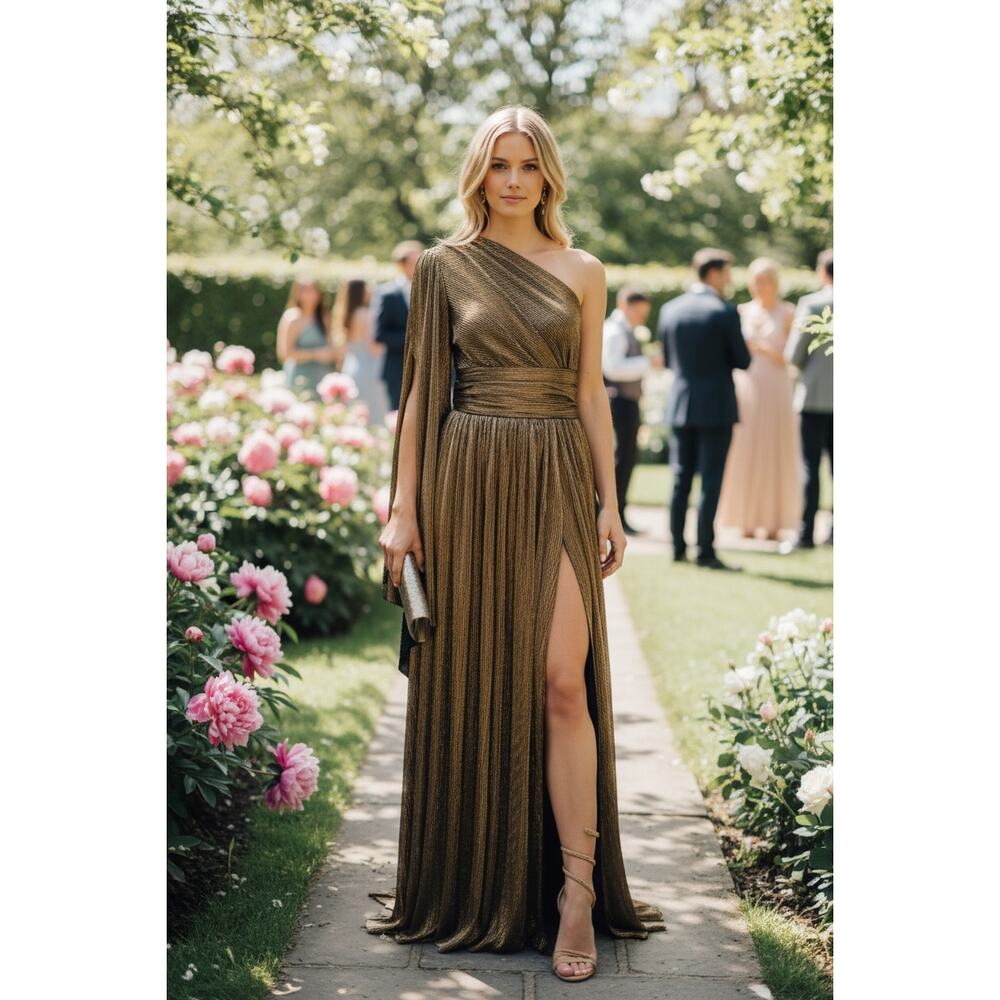NWT BRONX & BANCO DRESS GOWN GOLD BROWN FORMAL EVENING WEDDING GUEST EVENT GALA